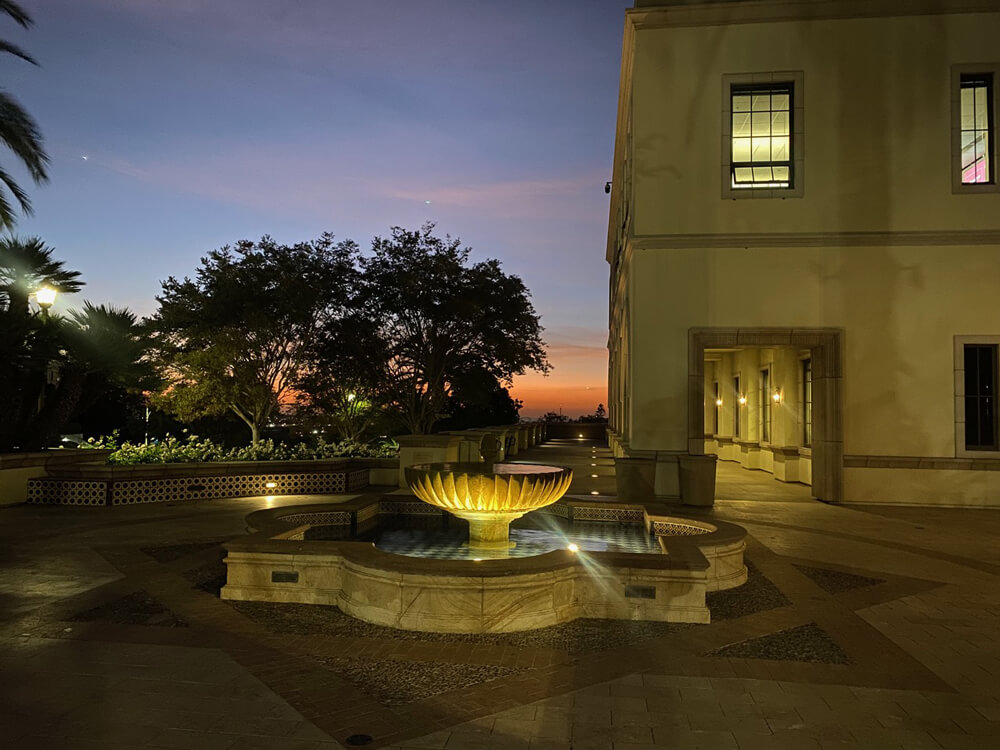 Mother Rosalie Hill Hall fountain during twilight hours