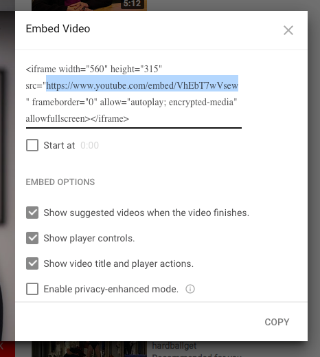 image of the embed code option for youtube videos