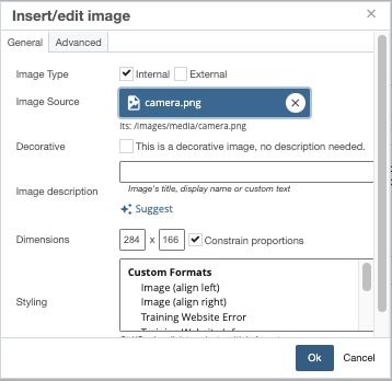 Screenshot of the 'Insert/edit image' dialog in Cascade CMS. The
'Image Source' field shows 'germanclub.png' with the file path '_Cascade
University - Root Site: /_files/imag...'. Below, there is an option to mark
the image as decorative. The 'Image description' field includes a
description: 'A diverse group of people engaged in a lively discussion
around a table in a cozy café setting,' with an option to apply AI
recommendations. The image dimensions are set to 1288 x 844 pixels with
'Constrain proportions' checked. Buttons at the bottom include 'Ok' and
'Cancel.