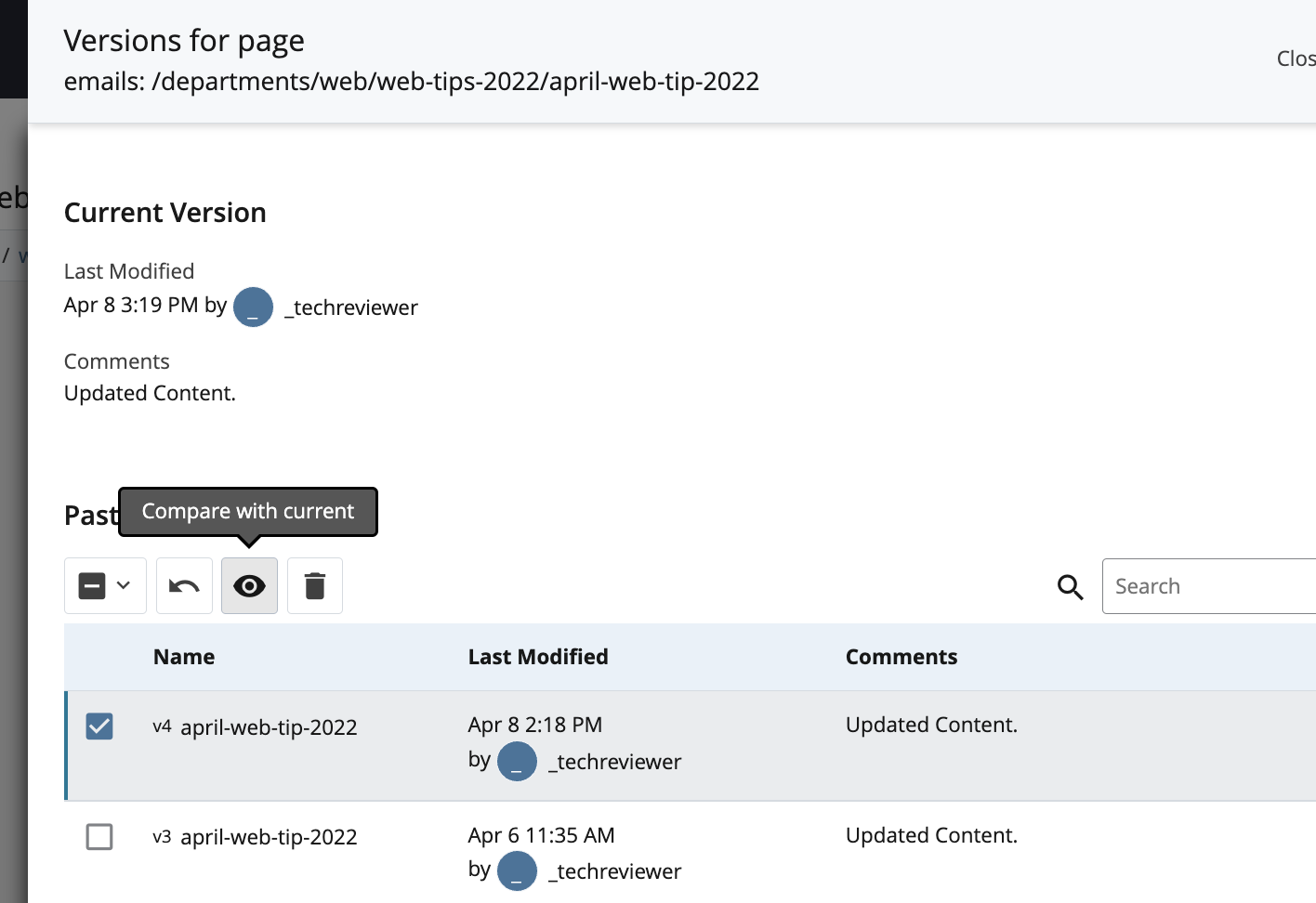 image of the version selection window