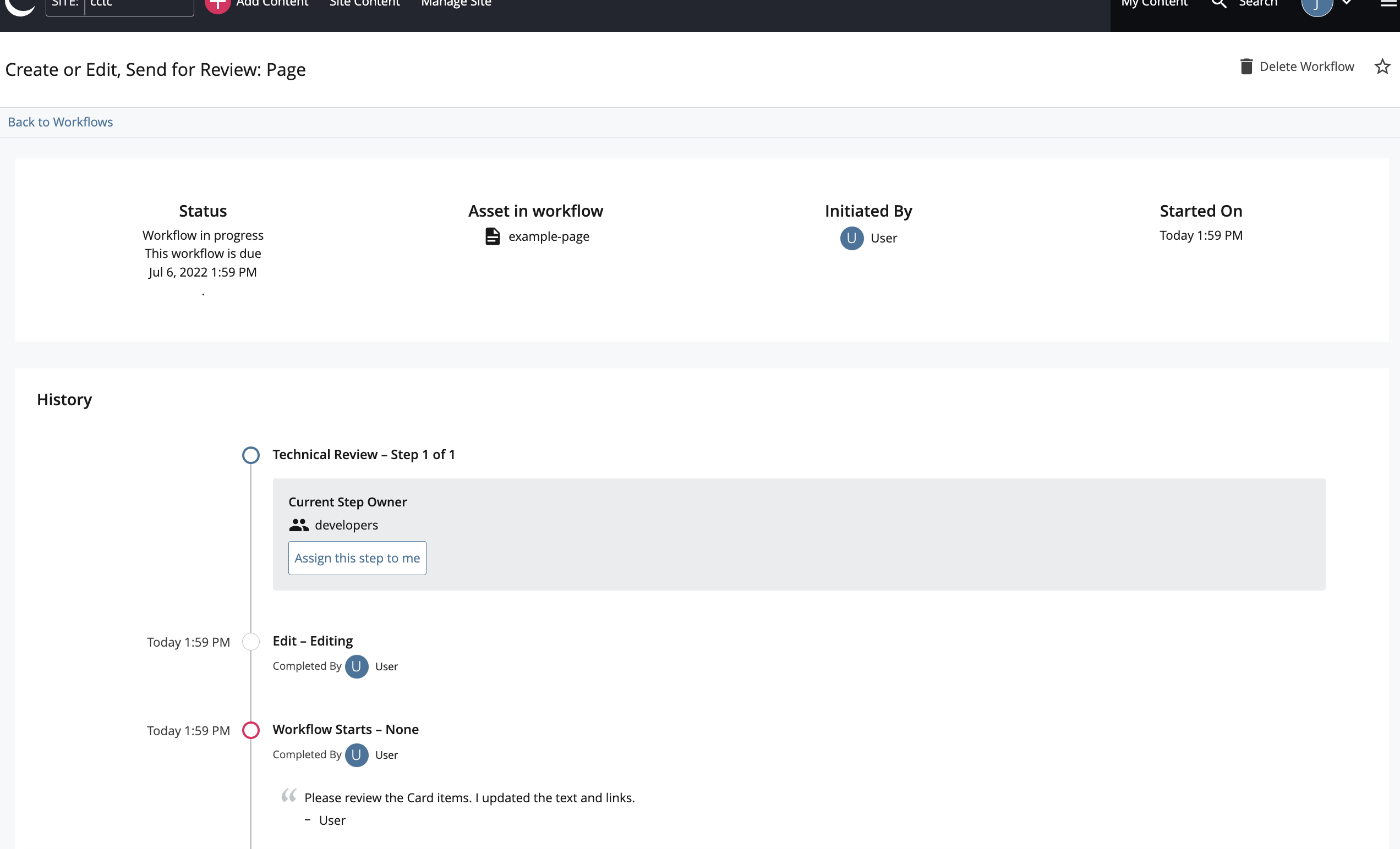 example of a workflow detail page, which includes the status, timeline and comments areas.